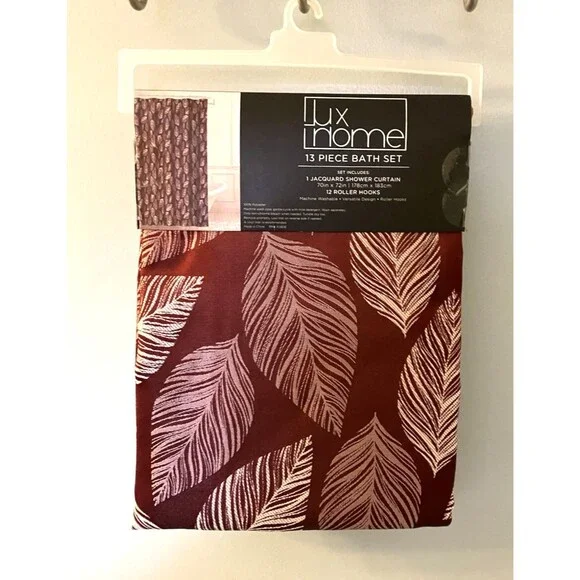 Lux Home Jacquard Shower Curtain With Roller Hooks NWT Leaf Design Fall - Picture 5 of 5